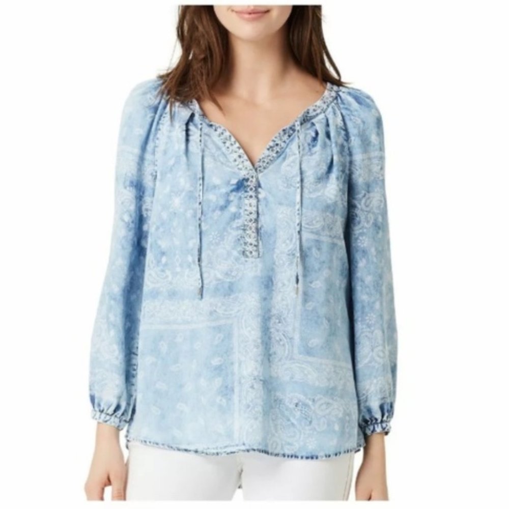 Vintage America Blues Faded Bandana Tassel Tie Long Sleeve top szS